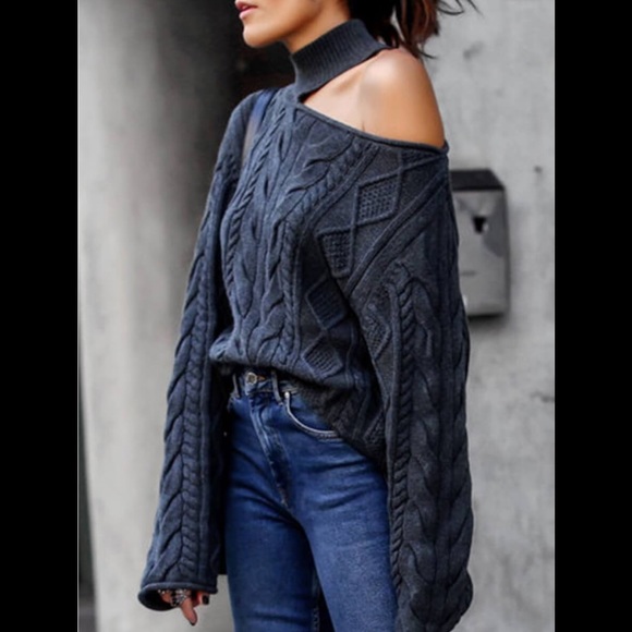 🍷Sexy Choker Style Collar Off Shoulder Greyish Blue Knitted Sweater - Picture 2 of 4